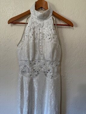 Silver Sequin Vintage Halter Maxi Gown with Beaded Applique